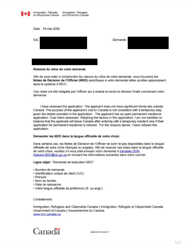 Aperçu caviardé de la première lettre de refus
